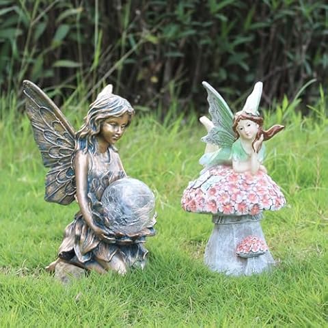 Suyorpe Garden Flower Fairy Outdoor Decor Statue 2PCS Combination,Solar Powered Outdoor Resin Statues Patio Lawn Yard Porch, Funny Garden Flower Fairy Ornaments Figurines for Outside Garden Gifts Cover