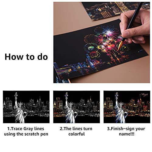 Scratch Art Paper, Rainbow Night View Scratchboard Pads For Adults And Kids, Mini Envelope Postcard Art & Crafts Set: 12 Sheets Scratch Cards & Scratch Drawing Pen, Brush 7.9"X5.5" (Building Series) #TOP6