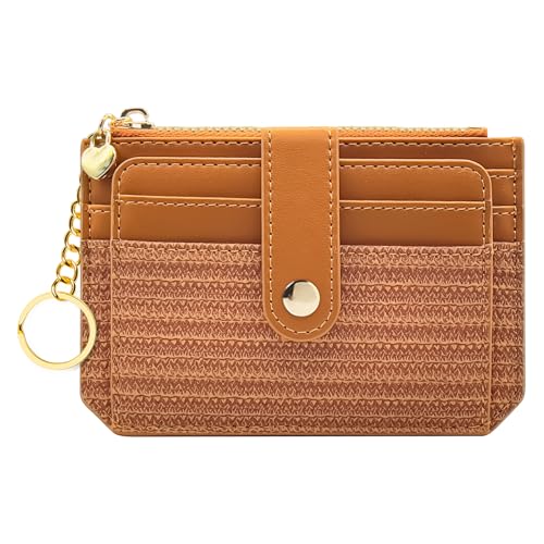 M-Plateau Carteira fina para cartão com chaveiro, porta-identidade feminino pequeno dobrável com bolso com zíper, índigo, Marrom, Casual