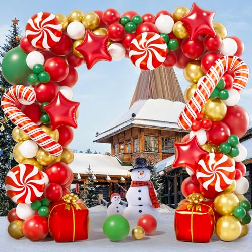 AobkDeco 151PCS Christmas Balloon Garland Arch Kit with Red White Golden Dark Green balloons Candy Foil Balloons Candy Cane Balloons Gift Box Balloons Star Balloons for Christmas Party Decorations
