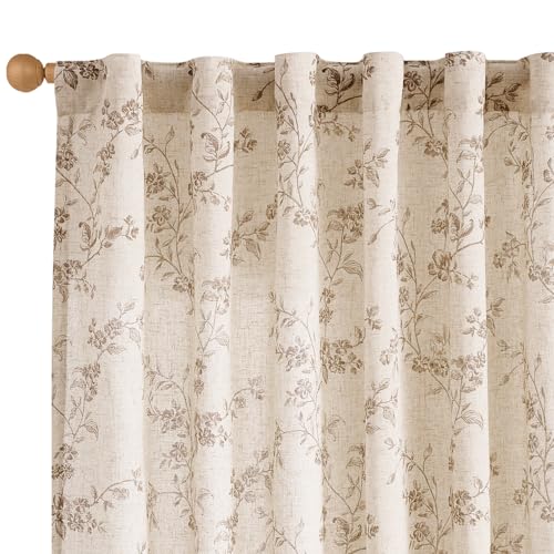 Lazzzy Taupe Floral Linen Curtains 84 Inch Farmhouse...