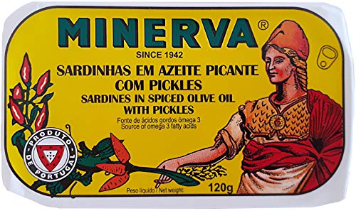 Minerva Portugiesische Sardinen in gewürztem Olivenöl, mit Pickles 120 g - reich an Omega...