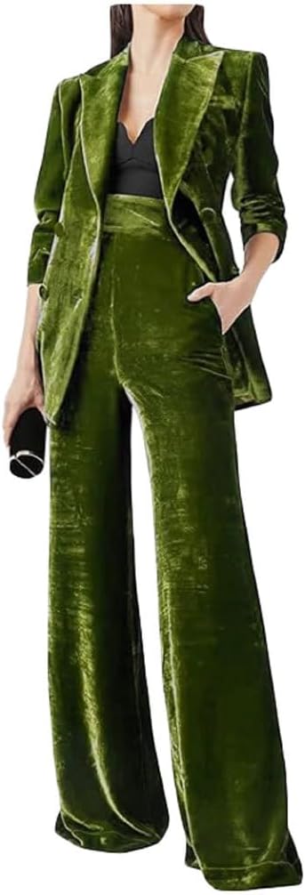 Womens Velvet Pant Suit 2 PC Double Breasted Prom Tuxedos Peak Lapel Office Work Outfit Formal Suit