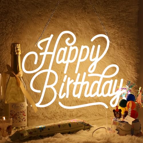 Image of Happy Birthday Neon Sign For Backdrop Birthday Decorations LED Neon Light Signs for Birthday Led Light Up Sign Party Decor Dimmable Warm White LED for Birthday Gift 16.5 inchx12.4 inch