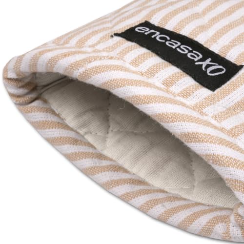 Image of Encasa XO Oven Gloves, Quilted Cooking Mitts, Microwave Safe Ticking Beige | 3-Layer Heat Protection Up to 220C | Non-Slip Grip & Hanging Loop | CE Certified | Set of 2