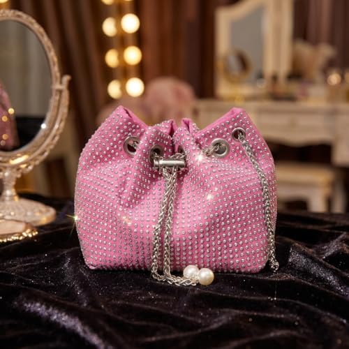 Bolsa clutch de strass para mulheres, bolsa de noite, moda transversal, bolsa balde, moderna, bolsa de ombro versátil, adequada para casamento, coquetel, formatura, festa formal, eventos de gala, rosa