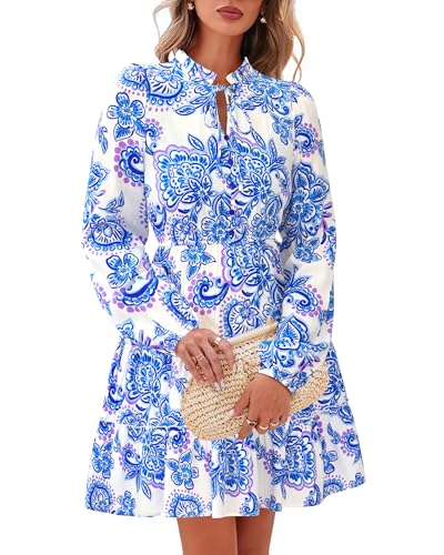 BTFBM Women Fall Dresses 2025 Floral V Neck Long Sleeve Tiered Ruffle Boho Swing Flowy A-Line Mini Dresses Vacation(White Blue Floral,X-Small)