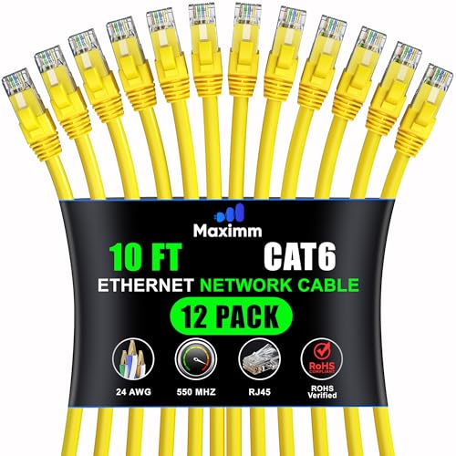 Maximm Cat 6 Ethernet Cable 10 ft (12-Pack) - High-Speed LAN Cable, Internet Cable, Patch Cable, and Network Cable - UTP, 10Gbps, 550MHz Ethernet Cord - Yellow