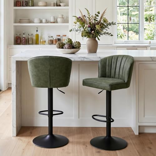 Image of EALSON Swivel Counter Height Bar Stools Set of 2 Modern Adjustable Bar Chairs with Back Leather Upholstered Barstools with Metal Base Comfortable Island Chairs for Kitchen Counter /Pub, Green