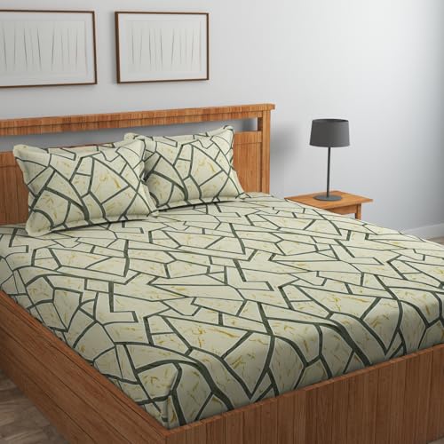 Image of NHD HOME Cotton All Around Elastic Fitted Premium Prints Queen Size Double Bed Bedsheet with 2 Large Pillow Covers Fits Upto Mattress of 8 Inches,Size-78 inch x 72 inch Inches, Mint Green & White, 180 TC