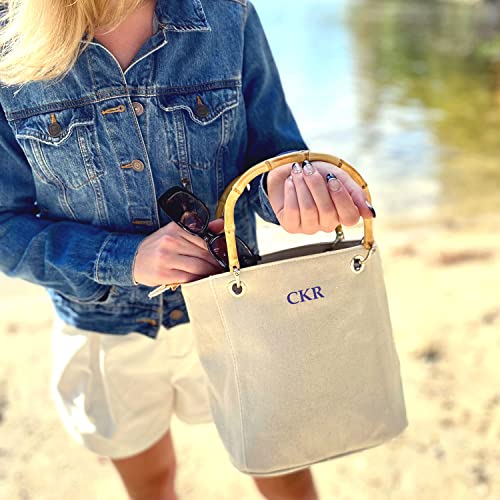 Bamboo Handle Bucket Bags - Crossbody Included - Personalized - Perfect Size - Coastal Style - Embroidered Monogram Included3