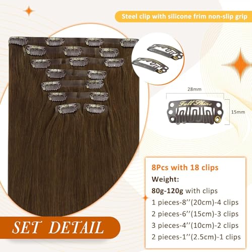 Image of Full Shine Seamless Clip in Hair Extensions Human Hair, Brown 14 Inch 120g | Invisible PU Weft, Medium Brown Clip-Ins, Lightweight, Secure Hold Clips, Invisible Blend, Heat-Styling Friendly, 8 Pcs