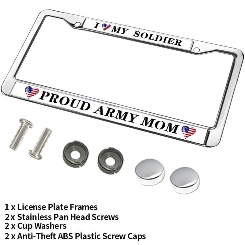 Image of Proud Army Mom License Plate Frame I Love My Soldier Metal Car Tag Holder | Proud Army Mom License Plate Frame Metal Car Tag Holder Cover Fit Standard US Auto Trucks Exterior Accessories Gifts