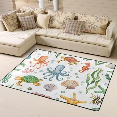 Mexpekil Alfombra rectangular grande de organismos marinos coloridos, de pelo corto, 120 x 160 cm