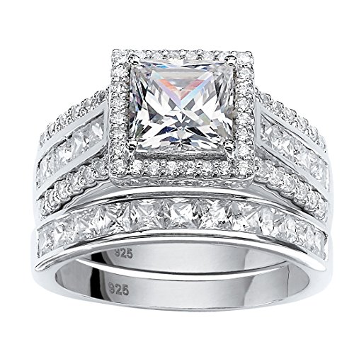 Platinum over Sterling Silver Princess Cut and Round Cubic Zirconia 2 Piece Halo Bridal Ring Set Size 7