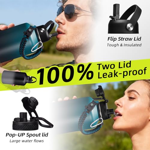 Image of ICIOI 64oz /Half Gallon Insuated Water Bottle, (Keep Cold 48H), Leak Proof Food-Grade Stainless Steel Water Jug With Straw Lid and Atuo Spout Lid, Portable Paracord Handle & Carrier Bag Black Gray