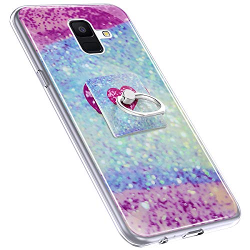 Urhause Cover Compatible with Samsung Galaxy A6 2018 Case Sparkle Glitter Bling Marble Case TPU Silicone Ring Holder Cover 360 Degree Rotation Ring Holder Kickstand Shiny Bling Shockproof Cover Blue