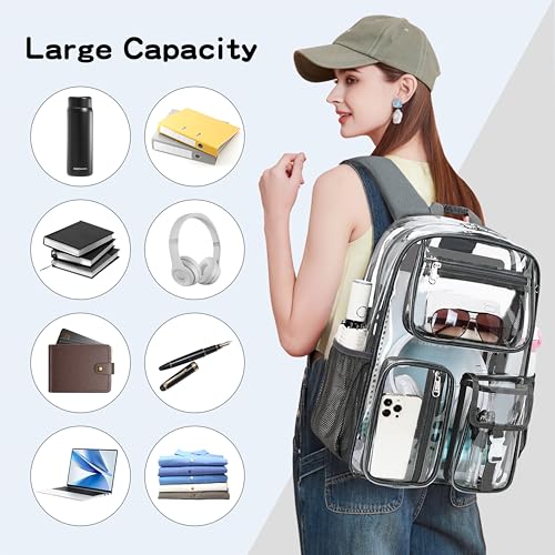 Image of Clear Backpack Heavy Duty For Stadiums Events,Dark Gray 16inch TPU BookBag | See Through Plastic Stitch Durable Design 6-Pocket For School Adults work Airport Quick Security,Large capacity backpack