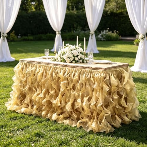 Image of Luxury Organza Mesh Table Skirt Draping Floating Romance - Perfect for Bridal Showers, Birthday Weddings - Clear Flowing Decoration for a Wonderful Main Cake Table (Gold-6ft, 72 inch Lx30 inch H)