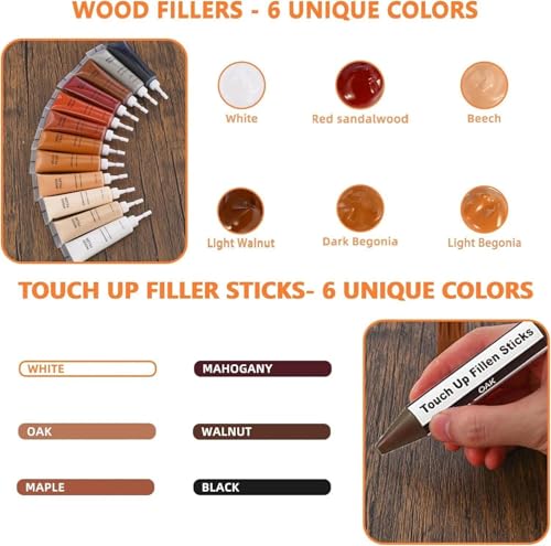 Image of Kenbry Furniture Repair Kit,12 Colors Wood Fill Sticks -Repair Scratch, Cracks, Hole, Restofinisher Wooden Door, Floor, Table, Cabinet -Restore Any Wood, Oak, Walnut, US-MCJ-003