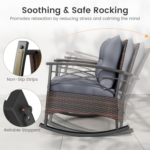 Image of Tangkula 3 Pieces Wicker Outdoor Rocking Chairs Set | Heavy Duty Cushioned Rattan Patio Rocker Bistro Set, 2-Tier Side Table w / Acacia Wood Tabletop, for Porch Balcony Backyard