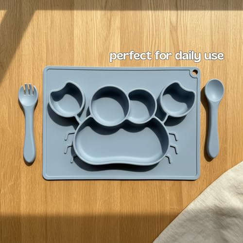 Image of Silicone Baby Meal Plate Set with Spoon & Fork | Crab Shaped | Blueberry Colour | 5 Section Divided Plate for Toddlers | Food Grade Kids Feeding Set | Microwave Dishwasher Safe