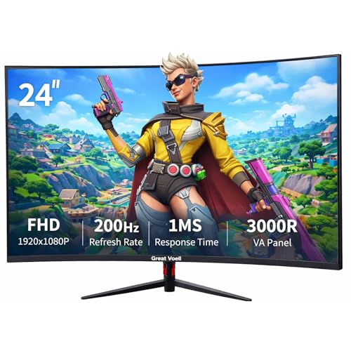 Image of Great voell 24 Inch Curved Gaming Monitor 200Hz, FHD 1080P VA Computer Display with 3000R Curvature, 1ms Response Time, 98% sRGB, FreeSync, Eye Care, VESA for Home Office & Gaming-Wall Mountable