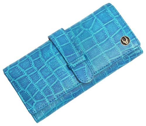 Image of WildHorn Women's Genuine Leather RFID Blocking Wallet | Tri-Fold High-Capacity Ladies Purse with Card Slots, Zipper Coin Pocket & Snap Closure | Ideal Gift for Women (Aqua)