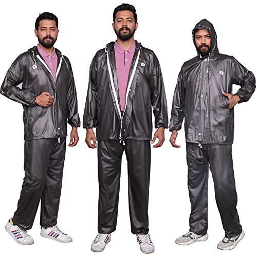 Image of Allextreme PVC Waterproof Raincoat for Men with Hood & Pants Set | Full Body Rain Suit with Adjustable Drawstring Hood & Carry Pouch | Rainwear for Bike Riding, Travel & Outdoor Use (Wood Grey, XXL)