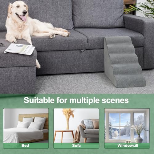 5 Stufen Hundetreppe für Bett und Sofa, LIANTRAL Haustiertreppe mit strapazierfähigem hochdichtem Schaumstoff und waschbarer Bezug und Tierhaarentferner-Rolle, reduziert Stress auf Tiergelenke, Grau