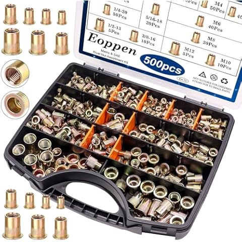 Eoppen 500Pcs SAE & Metric Rivet Nuts Assortment Kit 6-32, 8-32, 10-24, 1/4-20, 5/16-18, 3/8-16, 1/2-13 M3 M4 M5 M6 M8 M10 M12 Zinc Plated Carbon Steel Flat Head Nutsert Cover