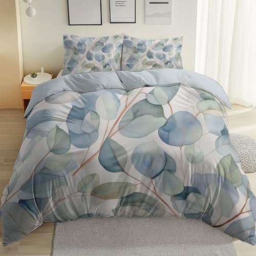 Genérico Funda Nordica Cama 150, con Hojas de eucalipto Simples y botánicas patrón 100% Microfibra 1 Funda Nordica 220x240 + 2 Fundas de Almohada 50x75 - Azul Cielo a los ácaros del Polvo