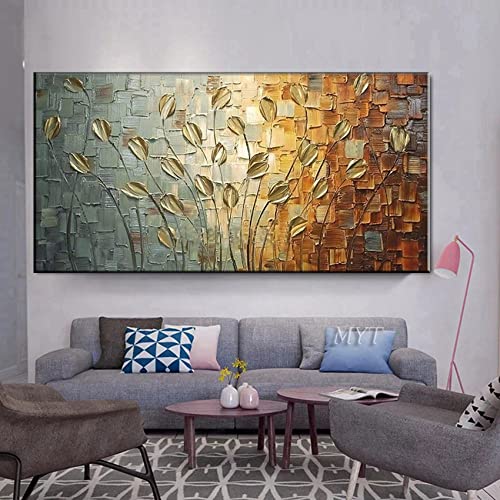 Décoration d'intérieur dorée et peinture abstraite grand format 110x220 - 2
