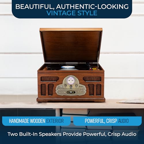 SoundBeast All-in-One Turntable with 3-Speed Record Player, Bluetooth, CD, Cassette Tape, AM/FM Radio, USB, Built-in Speakers, Handmade Wooden Exterior