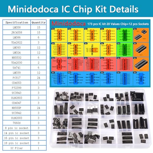 ic chips kit minidodoca 173 pcs 20 values chip assortment set12 pcs socketsintegrated circuits op amp kit 555 timer ic included ne555lm358 lm324 lm393 lm339 ne5532 lm386ua741ic plier etc