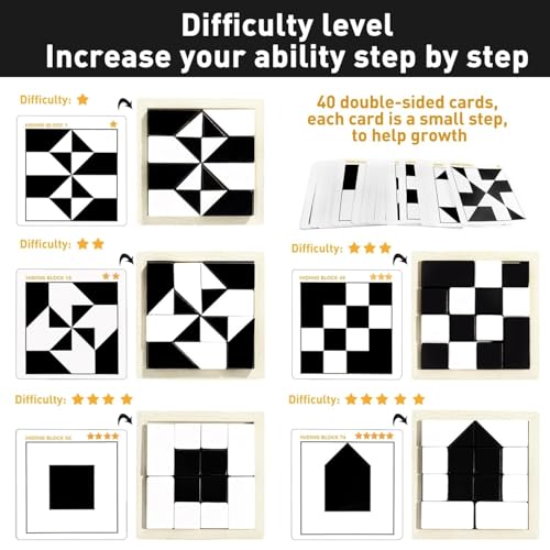 Image of 3D Puzzle Hidden Building Blocks, Jigsaw Puzzles for Adults, Wooden Brain Teaser Games, Black & White Geometric Blocks for Kids Ages 3+