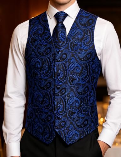 Image of DiBanGu Mens Vest and Tie Set Formal Paisley Waistcoat and Necktie Pocket Square Cufflinks Silk Suit Vest for Tuxedo Wedding
