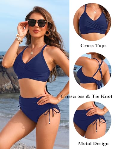 Image of Blooming Jelly Womens High Waisted Bikini Sets Drawstring Tummy Control Swimsuits Crisscross Tie Back Bathing Suit