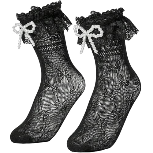 Women's Cute Lace Calf Socks with Pearl and Bowknot, Frilly Ruffle Trim, Lolita Style Sock, One Size