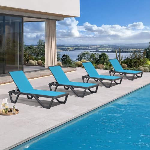 Image of PURPLE LEAF Patio Chaise Lounge Set of 4 Plastic Outdoor, Turquoise Blue | Plastic + Glass fiber Legs, Aluminum Frame, Quick-Dry Comfort UV, 5-Position Backrest, 5% Wider Seat, Stackable, Lightweight