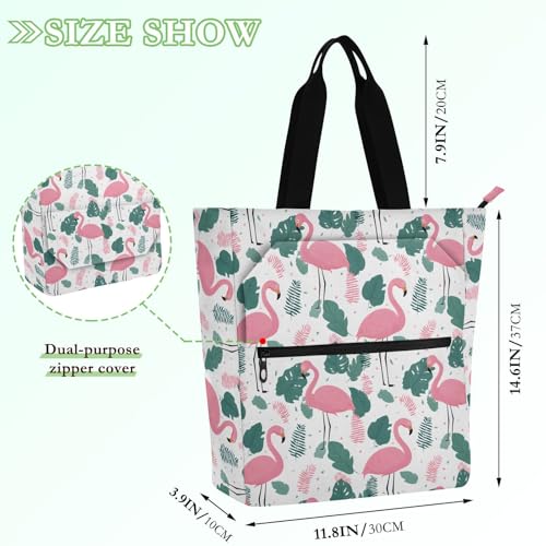 Flamingo Leaf Dot Tote Bag for Book Lovers Reusable Bags with Zipper Pocket for School Work Shopping2