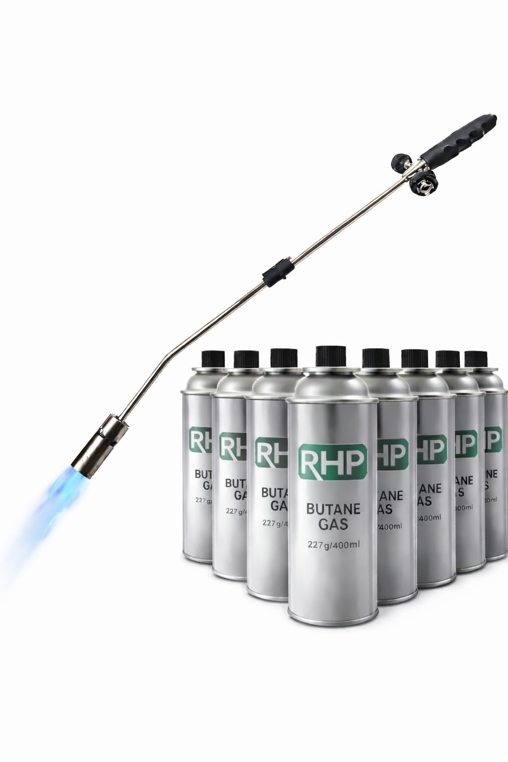 Bruciatore di erbacce RHP 80 cm a gas con accensione piezoelettrica, fiamma regolabile, incluse 8 cartucce da 227 g