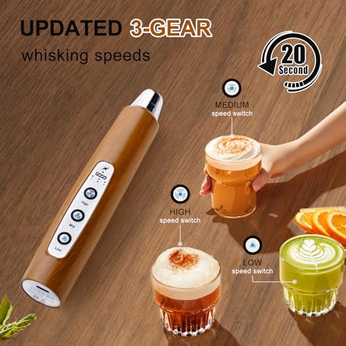 Image of YUSWKO Wood Grain Handheld Milk Frother Wand for Coffee, Rechargeable Electric Whisk with 3 Heads 3 Speeds Drink Mixer Coffee Frother For Latte, Cappuccino, Hot Chocolate, Egg