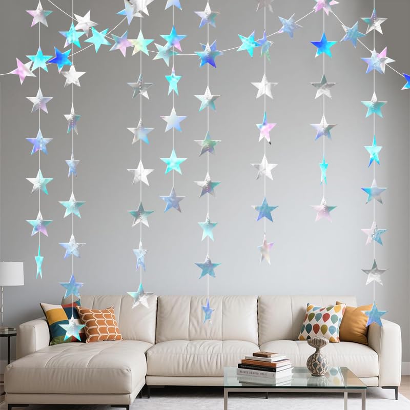 Iridescent Shining Star Hanging Garland Iridescent Hanging Sparkling Star Streamer Glitter Bunting Banner Twinkle Backdrop for Wedding Baby Shower Birthday Christmas Decorations 40 Feet