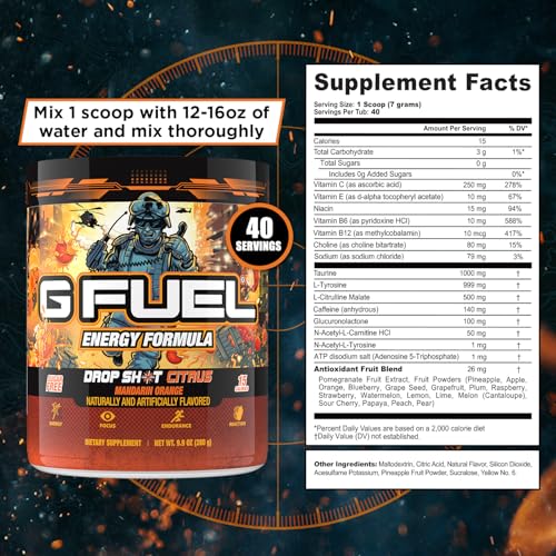 Image of G Fuel Drop Shot Citrus Energy Drink Powder, Pre Workout Caffeine Mix for Gaming, Sugar Free Focus Amino, Vitamin + Antioxidants, 9.9oz (Mandrin Orange, 40 Servings)