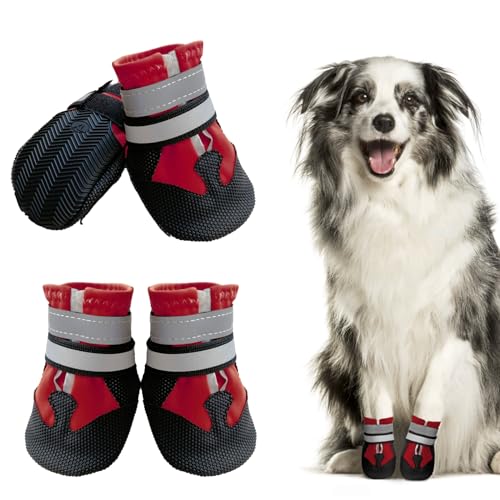 Muecleao Hundeschuhe Pfotenschutz, 4 Stück Wasserdicht Anti-Rutsch Hundestiefel mit Rutschfester Sohle und reflektierendem Klettverschluss, Schuhe für kleine, Mittlere und Große Hunde (Rot, XL)