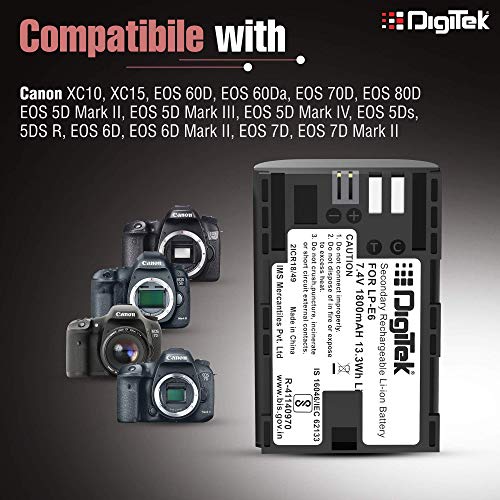 Image of DIGITEK (LP-E6) Secondary Li-ion Rechargeable Battery, 1800mAh, 7.4V, Multi Protection, for Canon XC10, XC15, EOS 60D, 60Da, 70D, 80D, 5D Mark II, III, IV, 5Ds, 5DS R, 6D, 6D Mark II, 7D, 7D Mark II