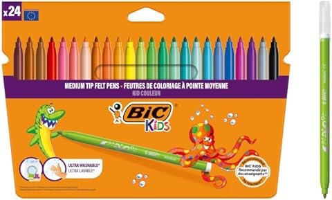 BIC Kids Kid Couleur Ultra Yıkanabilir Keçeli Boya Kalemi 24 Renk, Kolayca Çoğu Kumaştan Çıkar, Su Bazlı Keçeli Kalem
