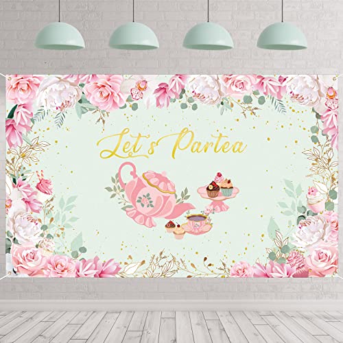 Tegeme Let's Partea Party Backdrop Tea Party Banner Decorations Background for Baby Shower Birthday Party Photo Prop(Light Green, 6 x 3.6 ft)