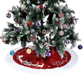 Hemoton Christmas Tree Plush Skirt, 120cm Large Red and White Round Linen Xmas Tree Base Cushion Mat for Christmas Holiday Home Party Decorations